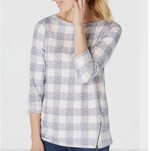 J. Jill Blue White Buffalo Checkered Side Zipper Top Large